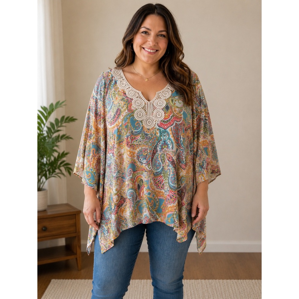 Spense Paisley Tunic Blouse Womens 2X Multicolor Crochet Lace V-Neck Boho Top